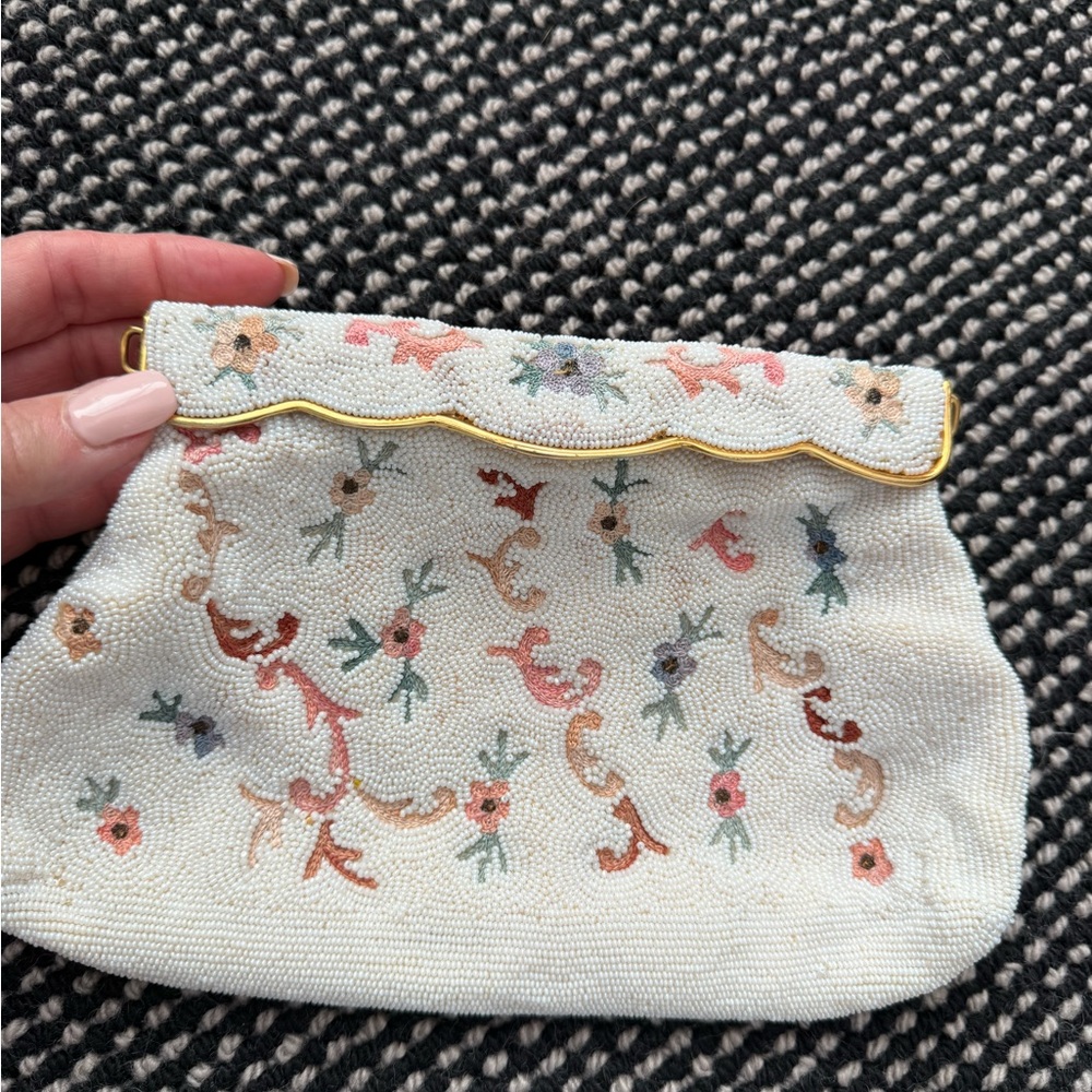 Vintage Jorelle Beaded Floral Clutch Purse w/ Coin Purse White Pink Embroidered